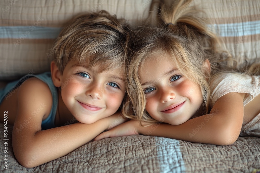 Fun, playful and silly kids lying on a bed with cute hairstyle and smiling portrait. Little siblings relaxing, playing indoors showing growth, child development and childhood, Generative AI Fun, playful and silly kids lying on a bed with cute hairstyle and smiling portrait. Little siblings relaxing, playing indoors showing growth, child development and childhood, Generative AI