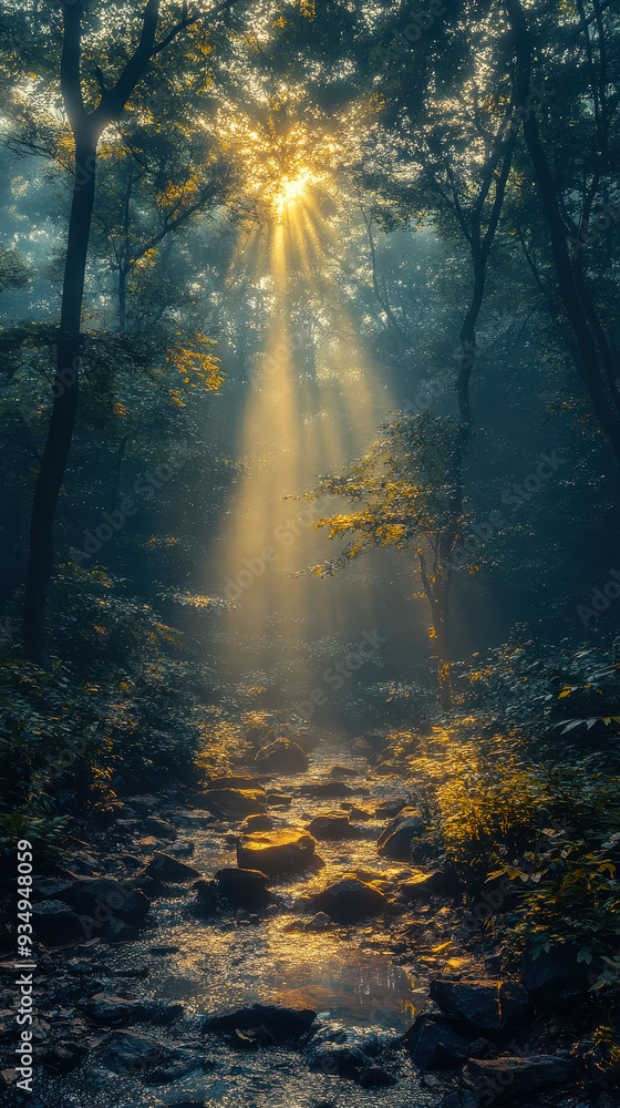 Obraz premium Sun Rays Penetrating Through Foggy Forest Canopy Illuminating Stream and Rocks in Mystical Woodland Scene