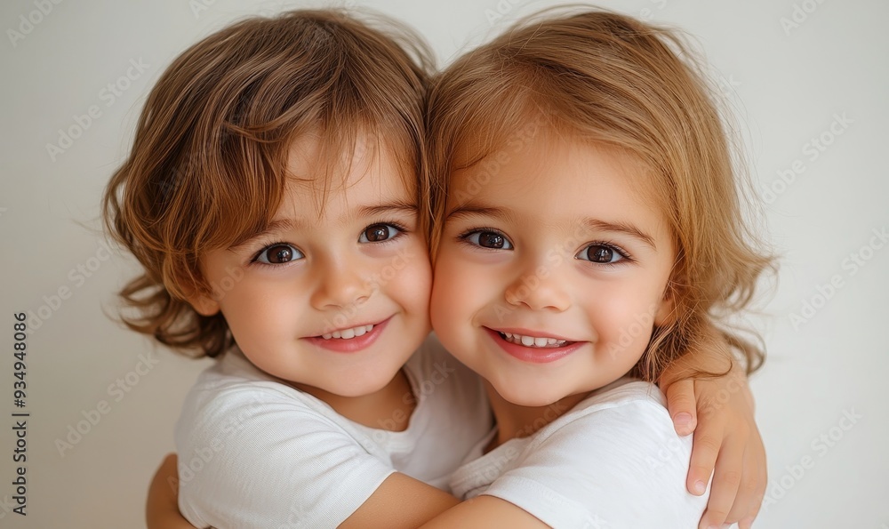 Two young children with brown hair hugging and smiling, wearing white shirts, isolated on white background. Childhood, siblings and friendship, Generative AI Two young children with brown hair hugging and smiling, wearing white shirts, isolated on white background. Childhood, siblings and friendship, Generative AI