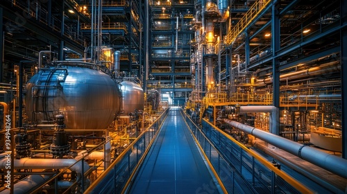 The interior of a fully operational chemical plant, featuring high-tech reactors, piping, and industrial equipment