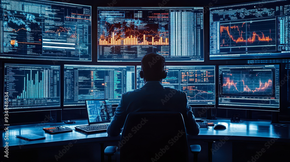 Professionals in High-Tech Control Room Monitoring Live Data and Analyzing Real-Time Graphs and Statistics for Business Decision Making Professionals in High-Tech Control Room Monitoring Live Data and Analyzing Real-Time Graphs and Statistics for Business Decision Making