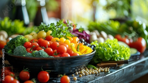 Fresh vegetables and colorful tomatoes arranged on a wooden table with herbs in a sunlit kitchen