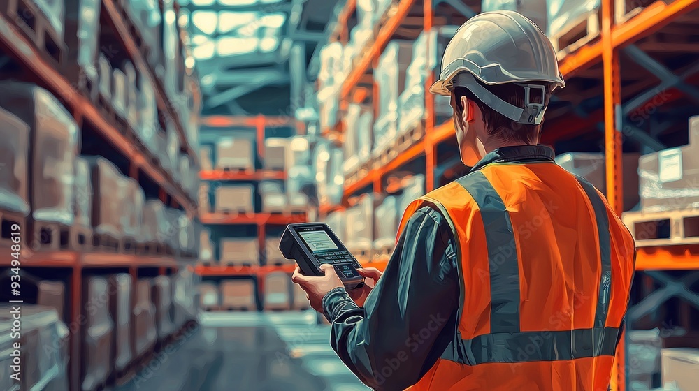 A realistic depiction of a worker wearing a safety vest and helmet, using a handheld scanner to check inventory in a warehouse. The background shows an organized space with shelves neatly stacked A realistic depiction of a worker wearing a safety vest and helmet, using a handheld scanner to check inventory in a warehouse. The background shows an organized space with shelves neatly stacked