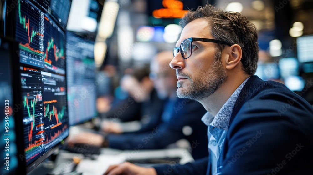Traders intensely watching financial data on large monitors, focusing on market trends and movements. Traders intensely watching financial data on large monitors, focusing on market trends and movements.