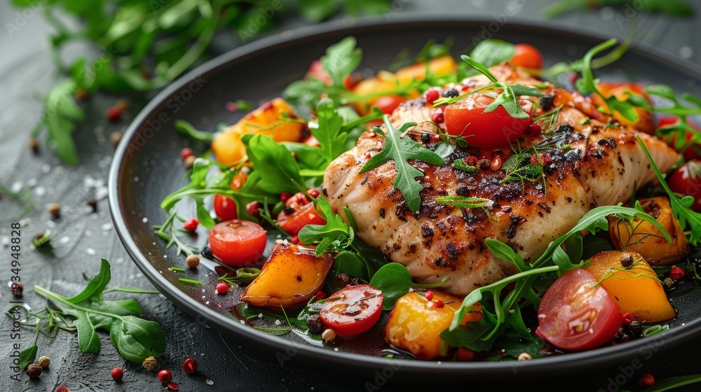 Grilled chicken fillet served with fresh arugula, cherry tomatoes, and bell peppers on a dark textured plate Grilled chicken fillet served with fresh arugula, cherry tomatoes, and bell peppers on a dark textured plate