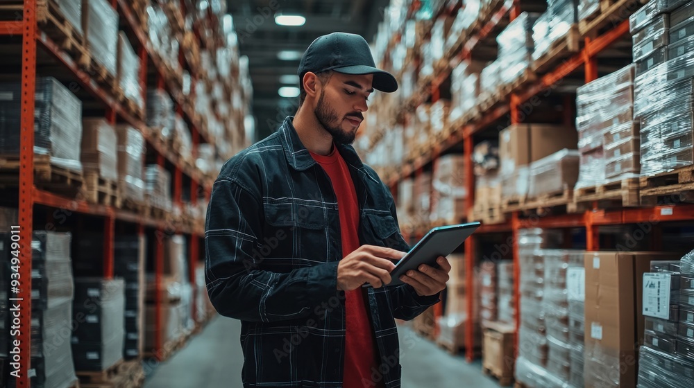 A realistic photo of a warehouse supervisor checking inventory on a digital tablet, with rows of shelves filled with neatly arranged products in the background. The scene captures the integration of A realistic photo of a warehouse supervisor checking inventory on a digital tablet, with rows of shelves filled with neatly arranged products in the background. The scene captures the integration of