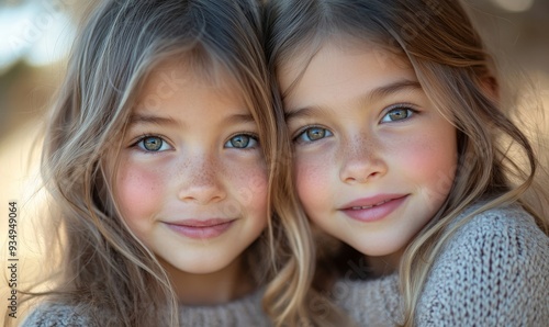 Young girls closeness of family siblings smile, Generative AI photo