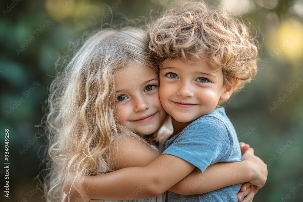 Happy siblings hugging lovingly in summer park. Young children brother and sister embracing each other outdoors. Family love and relationship concept, Generative AI Happy siblings hugging lovingly in summer park. Young children brother and sister embracing each other outdoors. Family love and relationship concept, Generative AI