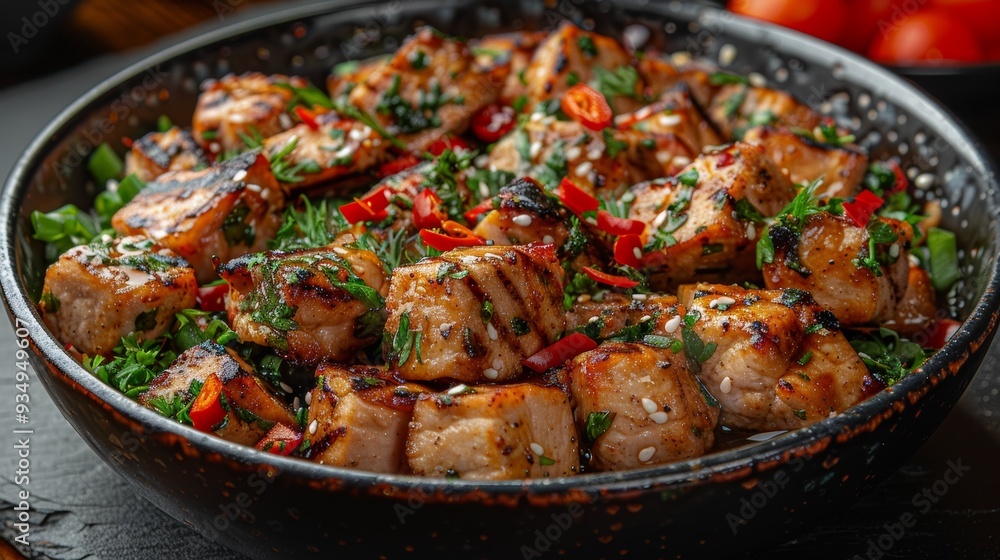 Grilled pork cubes with herbs and chili served in a rustic bowl Grilled pork cubes with herbs and chili served in a rustic bowl