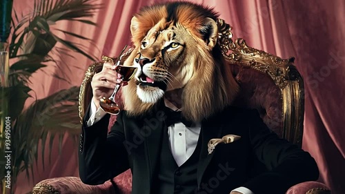 Lion dressed in a suit holding champagne glasses, symbolizing power, success, and leadership in business. photo