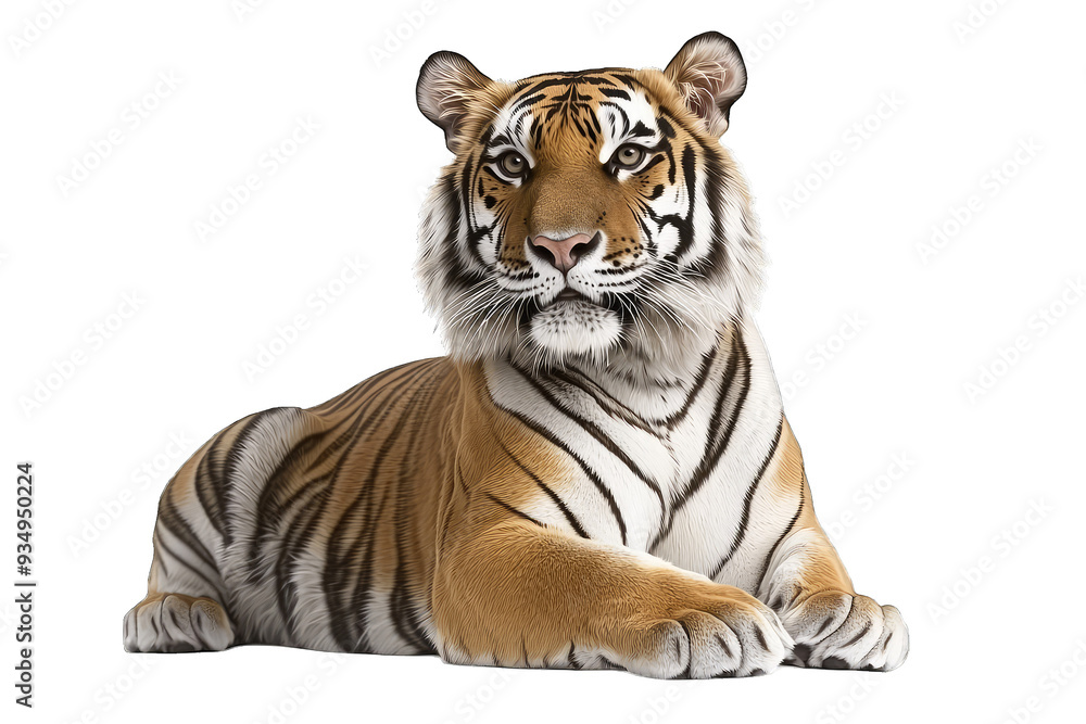 Obraz premium A majestic tiger lounging gracefully, showcasing its vivid stripes and powerful presence in a serene, natural environment.