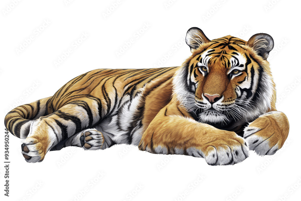 Obraz premium A majestic tiger resting gracefully, showcasing its striking orange fur and black stripes in a serene pose.