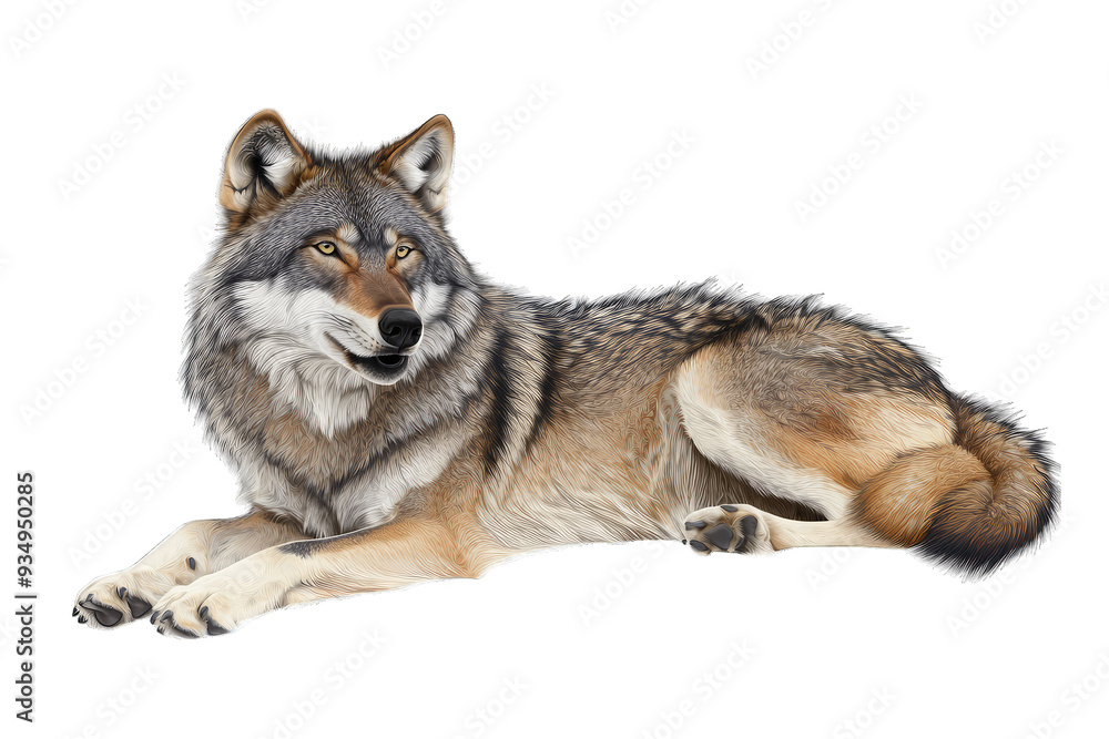 A majestic wolf resting calmly, showcasing its stunning fur and keen expression. Perfect for wildlife and nature-themed projects. A majestic wolf resting calmly, showcasing its stunning fur and keen expression. Perfect for wildlife and nature-themed projects.