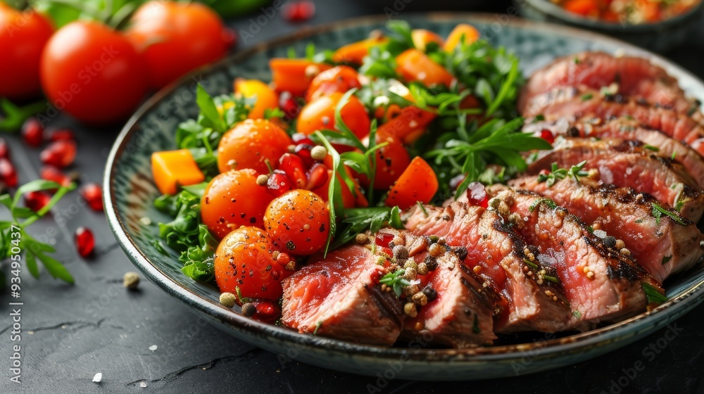 Grilled steak served alongside a fresh salad with tomatoes and herbs on a rustic table Grilled steak served alongside a fresh salad with tomatoes and herbs on a rustic table