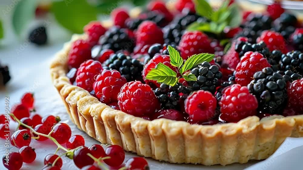 Delicious berry tart with mint leaves on rustic table, redcurrants for color. Homemade pastry with raspberries, blackberries, buttery crust. Perfect summer treat. Gourmet delight to savor Delicious berry tart with mint leaves on rustic table, redcurrants for color. Homemade pastry with raspberries, blackberries, buttery crust. Perfect summer treat. Gourmet delight to savor