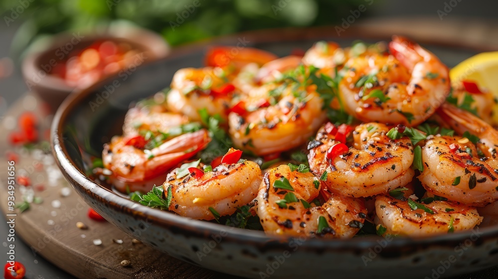 Grilled shrimp garnished with herbs and chili served on a rustic plate with dipping sauce Grilled shrimp garnished with herbs and chili served on a rustic plate with dipping sauce