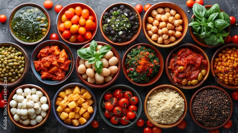 A variety of fresh vegetables, legumes, and sauces arranged on a table for meal preparation A variety of fresh vegetables, legumes, and sauces arranged on a table for meal preparation
