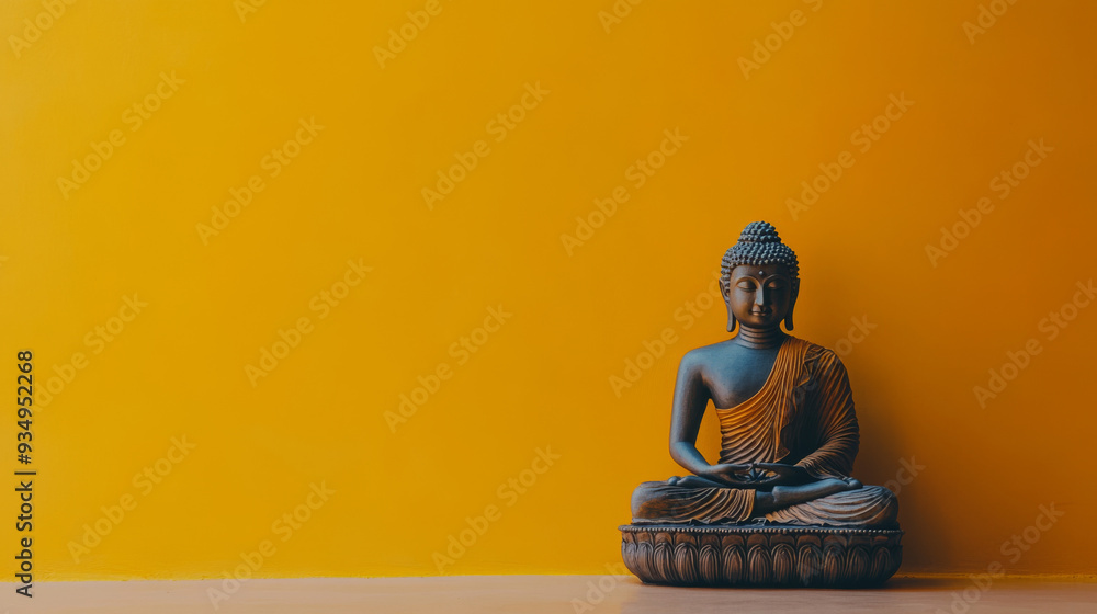A statue of a Buddha sitting on a lotus flower. The statue is surrounded by a yellow wall A statue of a Buddha sitting on a lotus flower. The statue is surrounded by a yellow wall
