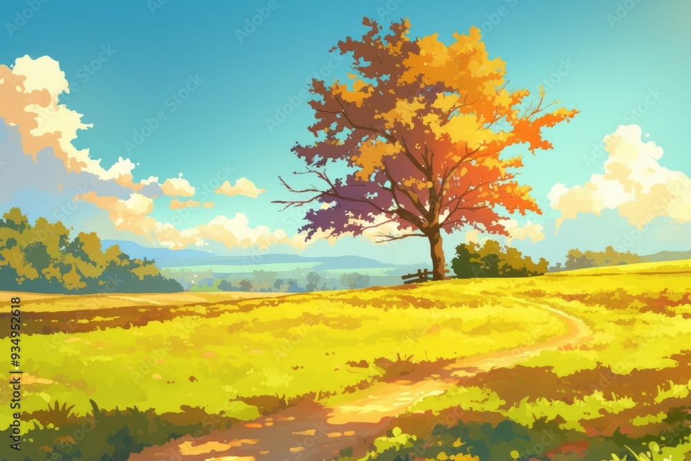 A calm walk in an autumn park with trees shedding their golden leaves. Cozy vibe, Generative AI A calm walk in an autumn park with trees shedding their golden leaves. Cozy vibe, Generative AI