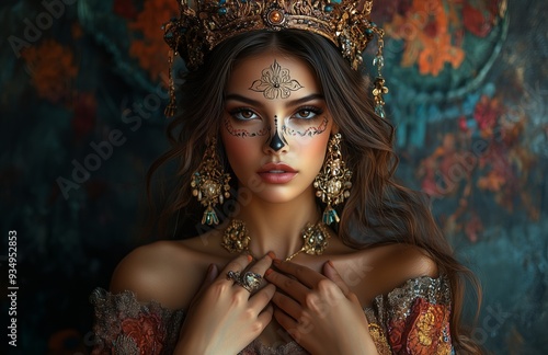 A stunning woman with long brown hair, golden crown, exquisite makeup, large earrings, holding chest