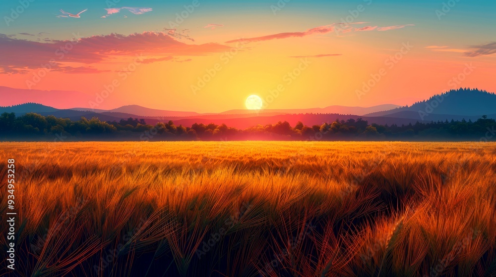 Sunset over Golden Grass Field with Silhouetted Mountains