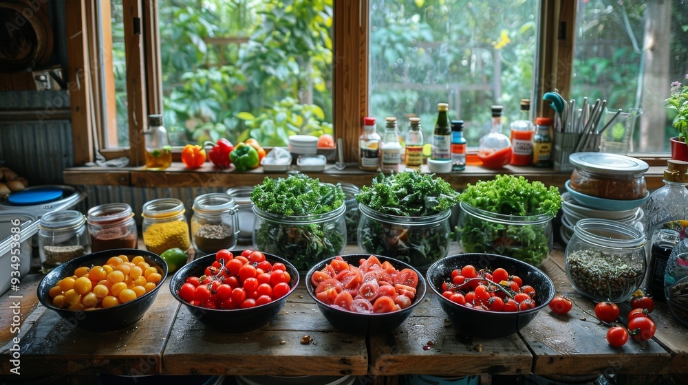 Fresh vegetables and herbs arranged for cooking in a rustic kitchen with a view of greenery Fresh vegetables and herbs arranged for cooking in a rustic kitchen with a view of greenery