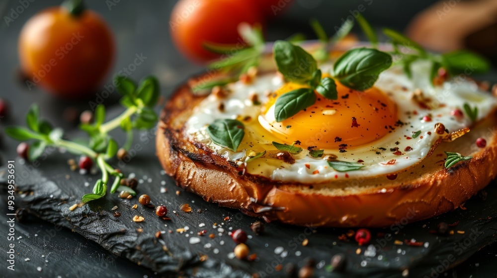Delicious fried egg on toasted bread garnished with herbs and spices, surrounded by fresh tangerines Delicious fried egg on toasted bread garnished with herbs and spices, surrounded by fresh tangerines