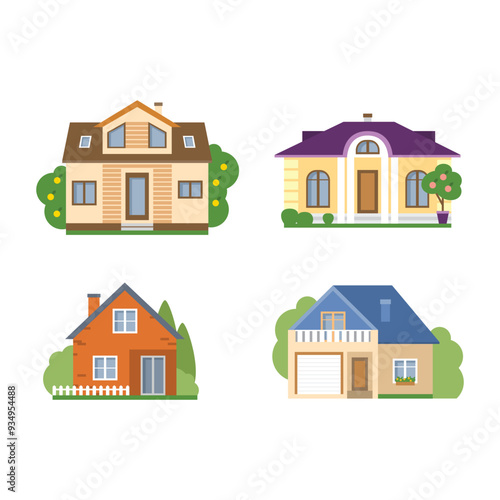 District houses isolated on white background. Flat vector illustration, Isolated cartoon houses set Simple suburban houses Concept of real estate property and ownership. Set of house.