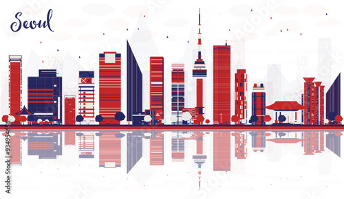 Seoul South Korea city skyline with color buildings and reflections. Cityscape with landmarks.