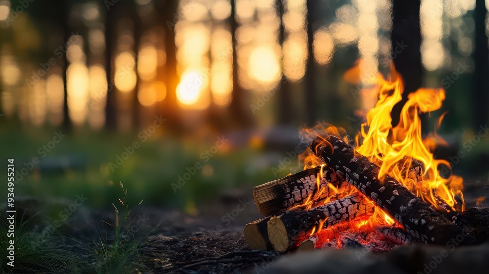 Warm campfire burning in a forest at sunset with glowing embers and logs, creating a peaceful outdoor atmosphere. Warm campfire burning in a forest at sunset with glowing embers and logs, creating a peaceful outdoor atmosphere.
