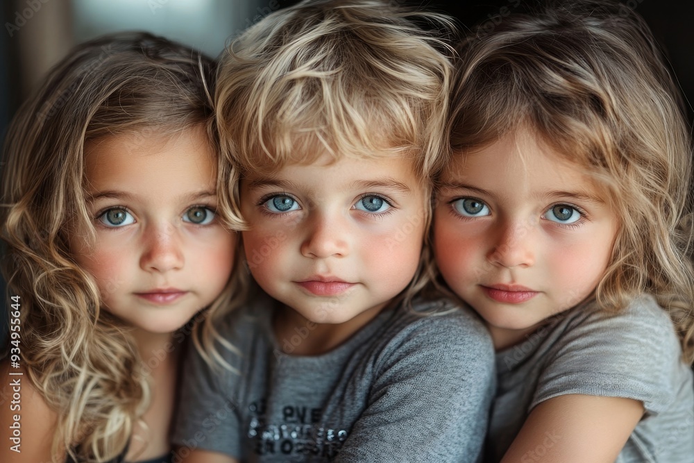 Portrait of three little children as a tower, Generative AI Portrait of three little children as a tower, Generative AI