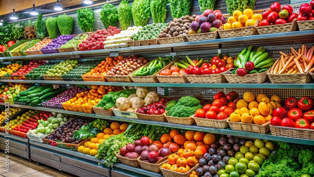 Vibrant display of fresh fruits and vegetables in the supermarket , colorful, vibrant, freshness, healthy, organic, produce Vibrant display of fresh fruits and vegetables in the supermarket , colorful, vibrant, freshness, healthy, organic, produce
