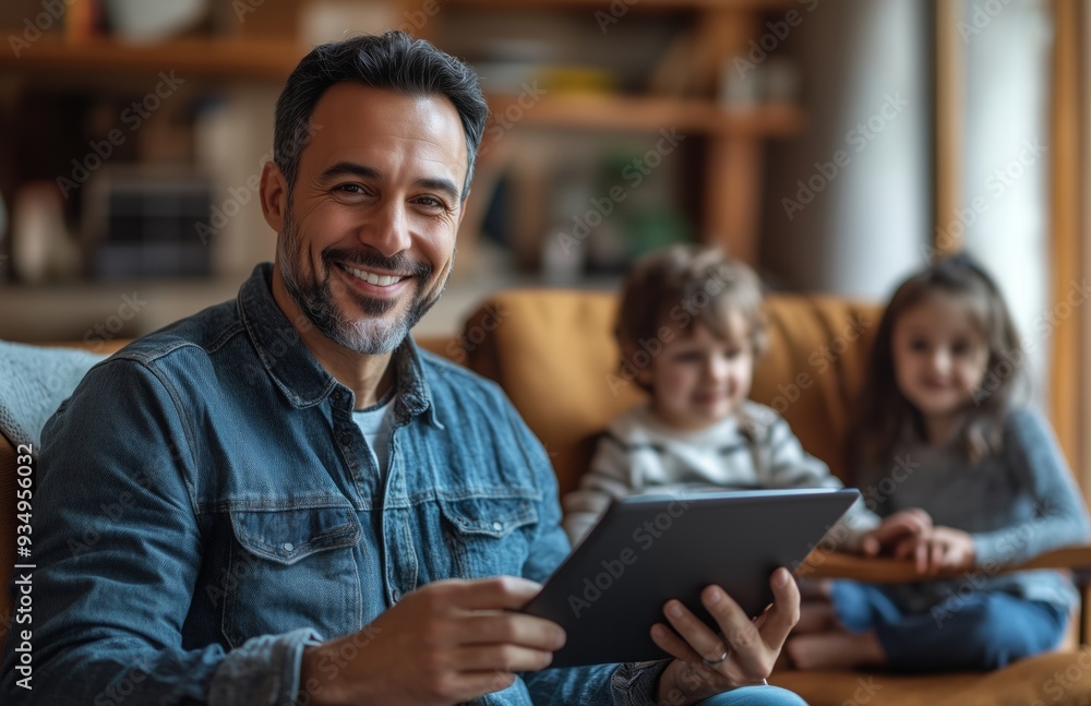 Happy father with a tablet, sitting on a chair in a modern living room, children playing nearby Happy father with a tablet, sitting on a chair in a modern living room, children playing nearby