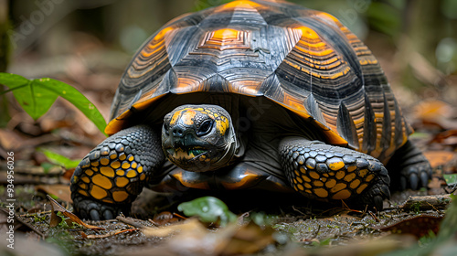 Amazon Yellow-footed Tortoise slowly making its way through the forest floor, its shell pattern distinct