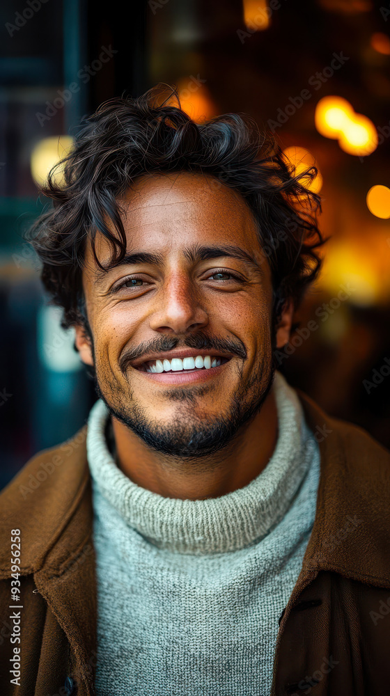 Joyful Young Man Smiling in Fashionable Attire, Positive Vibes and Happy Mood, Handsome Portrait with Beautiful Hair Joyful Young Man Smiling in Fashionable Attire, Positive Vibes and Happy Mood, Handsome Portrait with Beautiful Hair