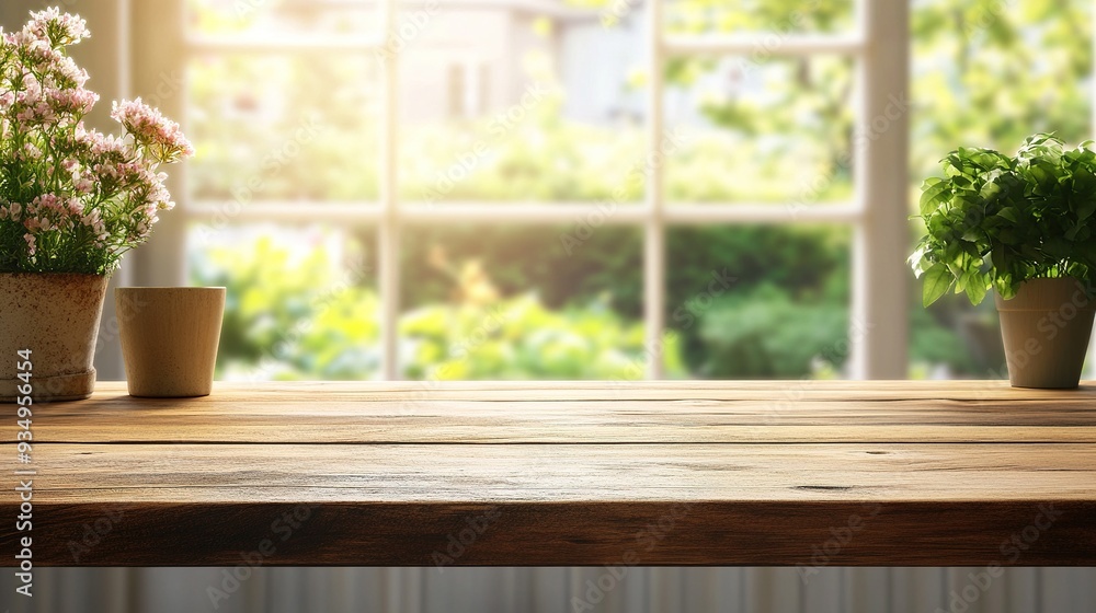 Sunny Windowsill with Plants and Wooden Tabletop Sunny Windowsill with Plants and Wooden Tabletop