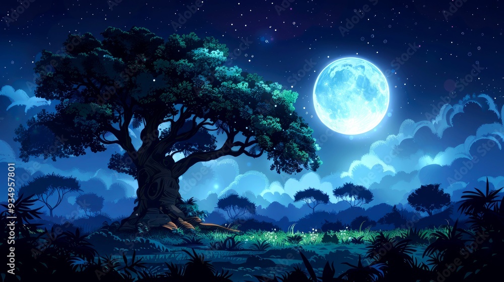 A large tree in a forest under a bright blue moon and a starry night sky A large tree in a forest under a bright blue moon and a starry night sky
