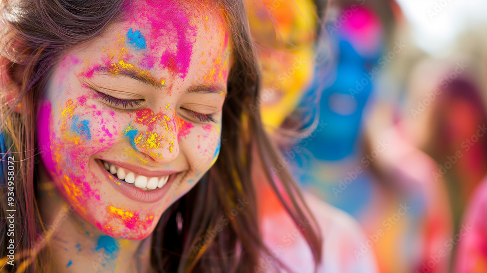 A girl with a bright smile is fully covered in colorful powders, enjoying a joyful moment during an outdoor celebration with friends on a sunny day, Festival of Colors Game, copy space A girl with a bright smile is fully covered in colorful powders, enjoying a joyful moment during an outdoor celebration with friends on a sunny day, Festival of Colors Game, copy space