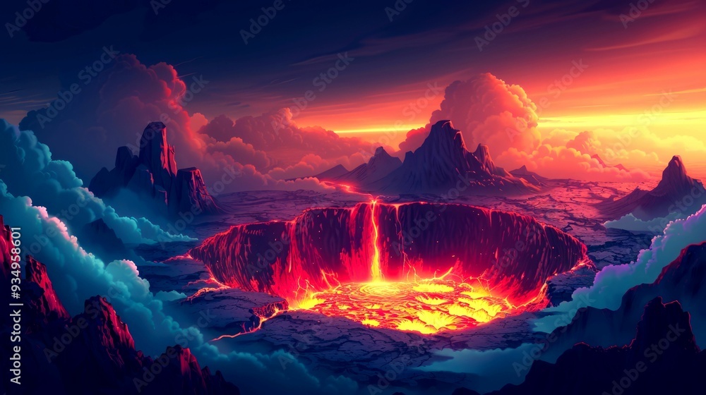 Fototapeta premium Eruption of a Volcano in a Fantasy Landscape