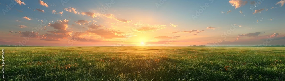 Calm lush meadow horizon at sunset, warm light and tranquil atmosphere Calm lush meadow horizon at sunset, warm light and tranquil atmosphere