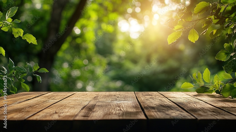 Rustic Wooden Table in a Sunlit Forest: A rustic wooden table sits invitingly in the heart of a vibrant green forest, bathed in the warm glow of sunlight filtering through lush foliage. Rustic Wooden Table in a Sunlit Forest: A rustic wooden table sits invitingly in the heart of a vibrant green forest, bathed in the warm glow of sunlight filtering through lush foliage.