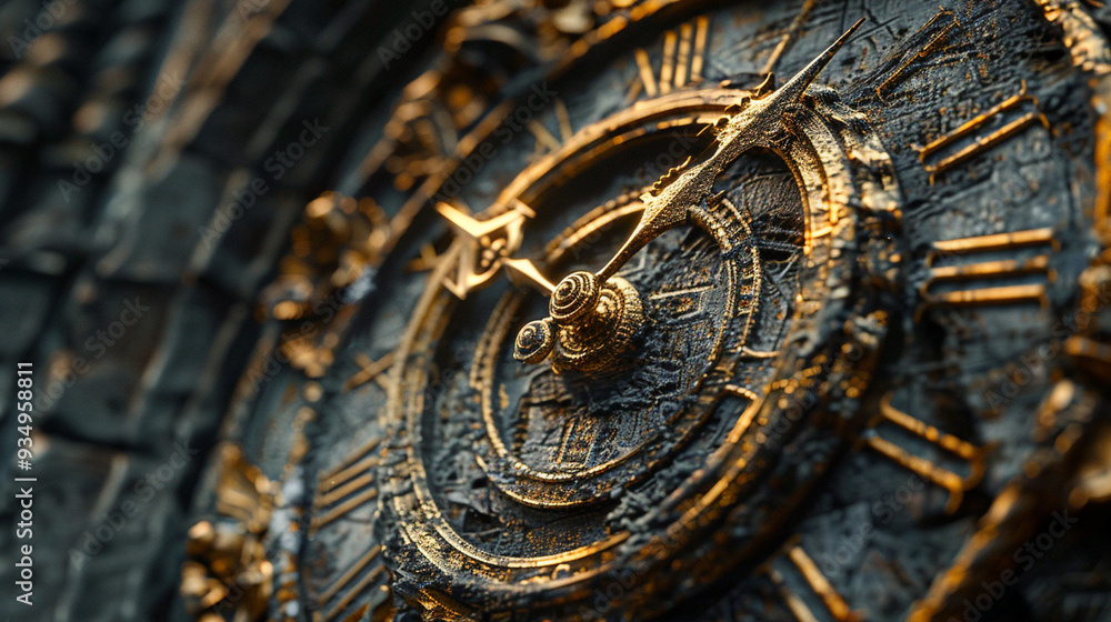 A close-up of a detailed clock face on an ancient tower, with intricate metalwork and weathered stone surrounding it. A close-up of a detailed clock face on an ancient tower, with intricate metalwork and weathered stone surrounding it.