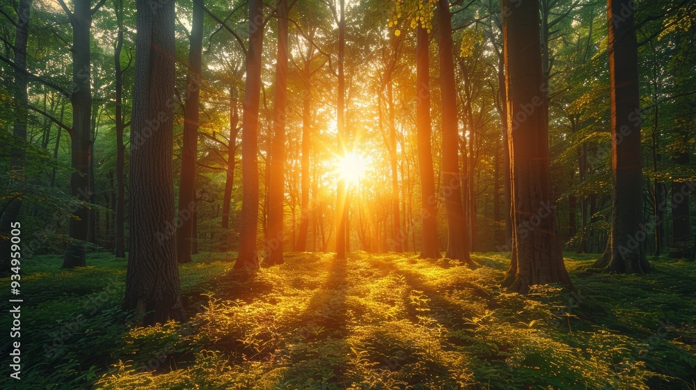 Fototapeta premium Sunlight peeking through trees in a dense forest during early morning