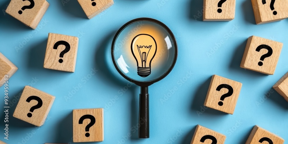 A glowing light bulb under a magnifying glass among cubes with question marks symbolizes thinking and ideas A glowing light bulb under a magnifying glass among cubes with question marks symbolizes thinking and ideas