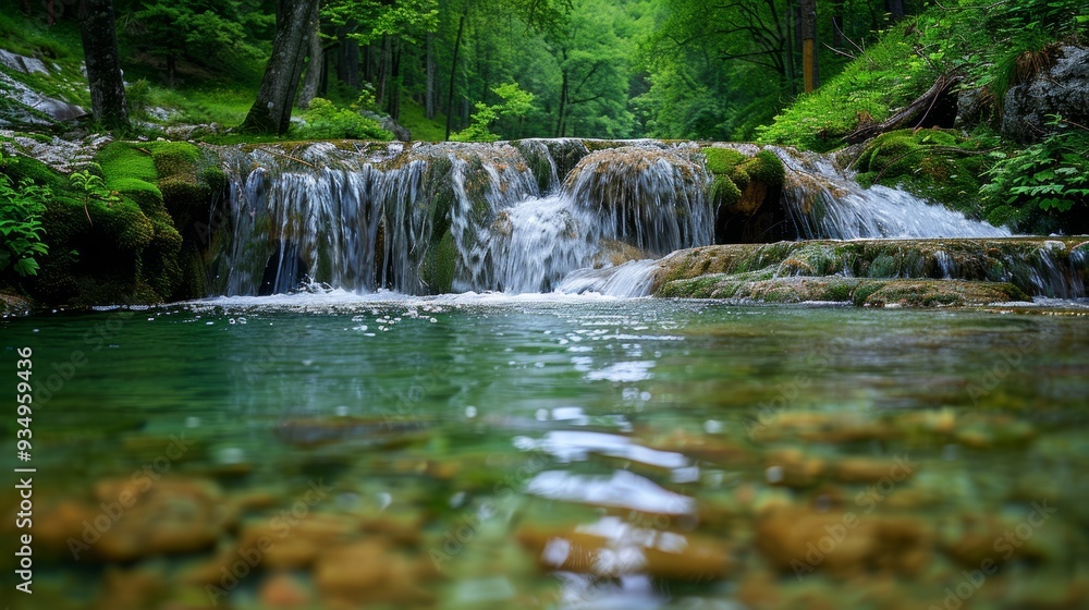 Gentle waterfall cascading over rocks in a lush green forest during summer Gentle waterfall cascading over rocks in a lush green forest during summer