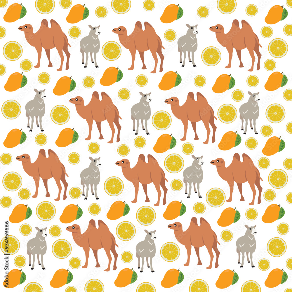 Obraz premium camel, sheep with fruit as a pattern background