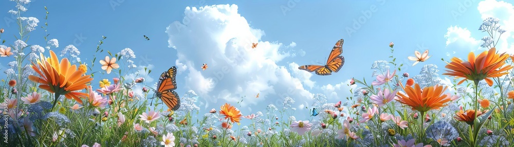 Fototapeta premium Picturesque meadow with blooming flowers and butterflies, enchanting and serene