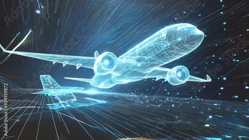Futuristic Digital Airplane Soaring Through a Virtual Sky with Dynamic Light Trails