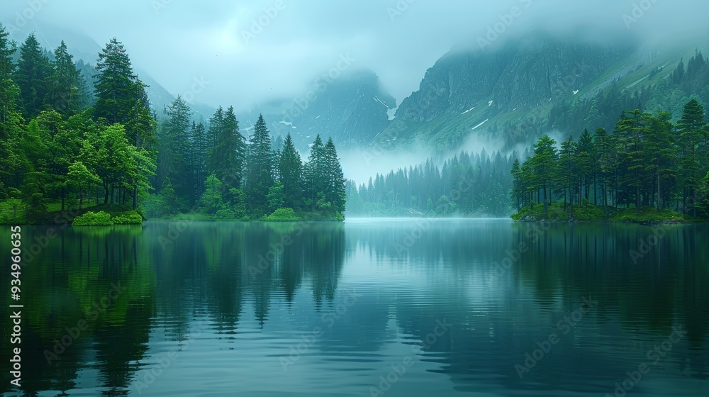 Fototapeta premium Misty lake surrounded by lush forests and mountains in early morning light