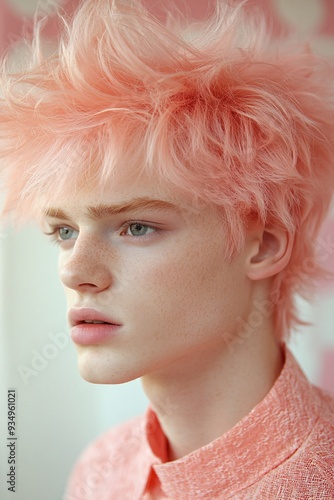 Stylish man with pastel pink hair and textured style photo